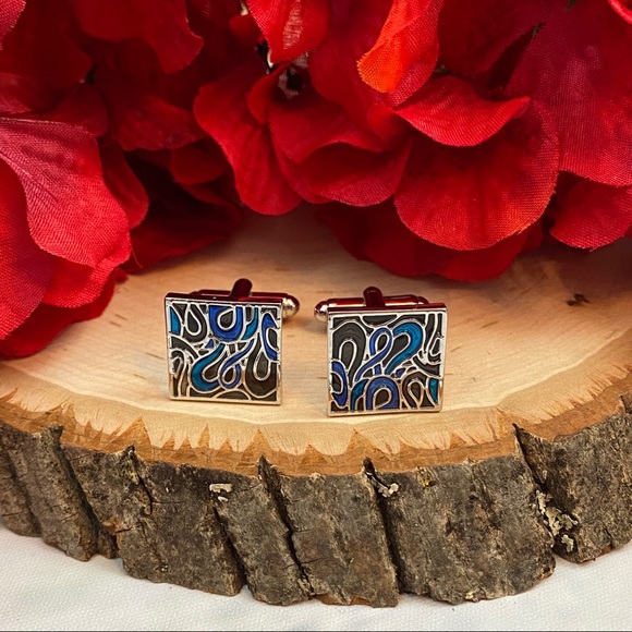 Black Blue and Silver Abstract Swirls Cufflinks - Picture 6 of 13